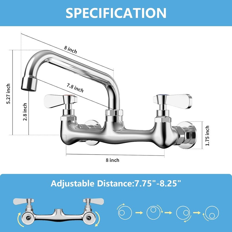 BWE Kitchen Faucet Wall Mount Commercial Sink Faucet Kitchen Utility Laundry 8“ Swivel Spout 2 Dual Handle Restaurant Chrome Mixer Tap - Image 4