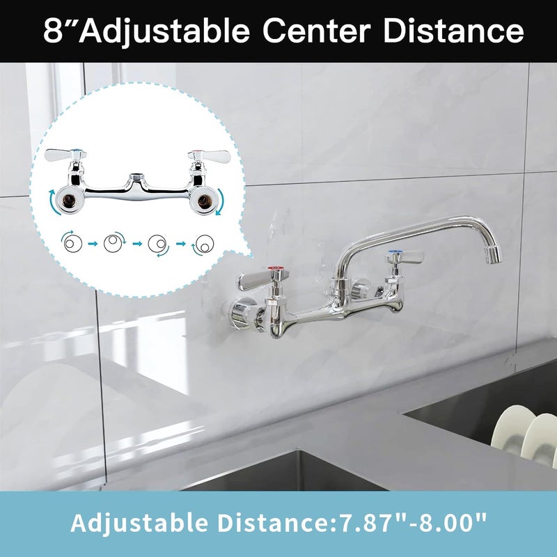 BWE Kitchen Faucet Wall Mount Commercial Sink Faucet Kitchen Utility Laundry 8“ Swivel Spout 2 Dual Handle Restaurant Chrome Mixer Tap - Image 3