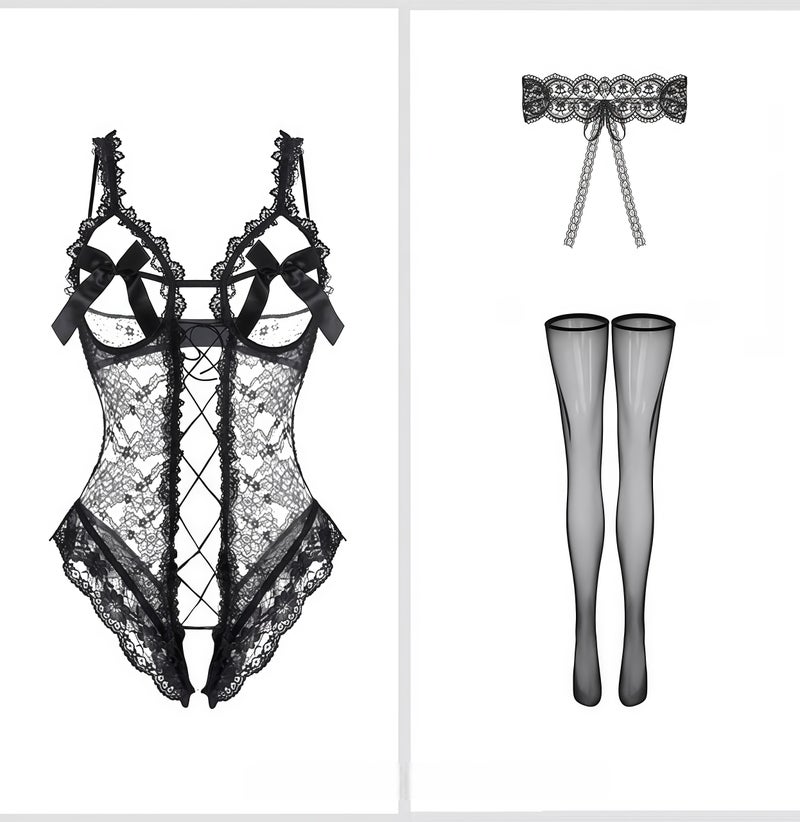 Elegant Lace Bodysuit Set for Women – Mesh Embroidery One-Piece with Stockings and Lace Choker, Soft Comfortable Nightwear Gift Set - Image 1