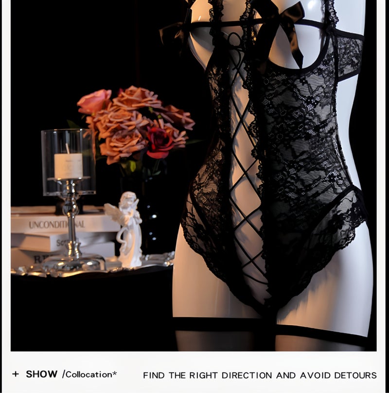 Elegant Lace Bodysuit Set for Women – Mesh Embroidery One-Piece with Stockings and Lace Choker, Soft Comfortable Nightwear Gift Set - Image 3