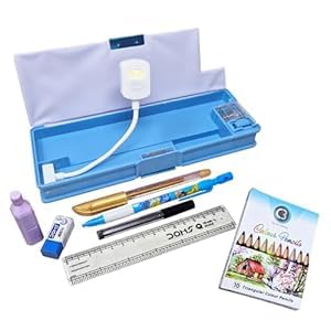 Sidak Stationery Combo Pencil Box Inbuild LED Light, Sharpener, Dual Compartment, Magnetic Lock, Pen, Pencil, Scale, Eraser, Highlighter, Colour Pencils Set for Kids (Blue) - Image 1