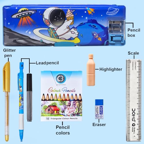 Sidak Stationery Combo Pencil Box Inbuild LED Light, Sharpener, Dual Compartment, Magnetic Lock, Pen, Pencil, Scale, Eraser, Highlighter, Colour Pencils Set for Kids (Blue) - Image 2