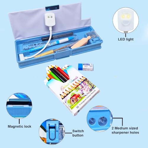 Sidak Stationery Combo Pencil Box Inbuild LED Light, Sharpener, Dual Compartment, Magnetic Lock, Pen, Pencil, Scale, Eraser, Highlighter, Colour Pencils Set for Kids (Blue) - Image 4