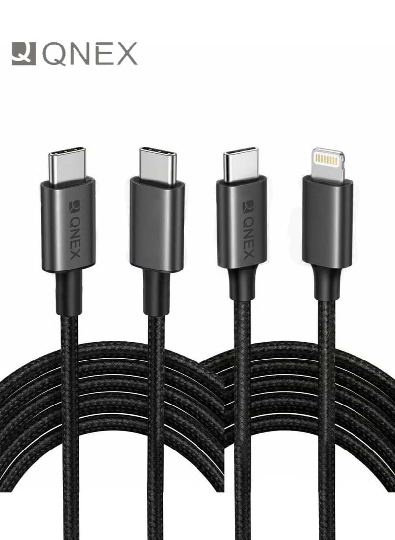 QNEX Fast Charging Cable 2-Pack, USB-C to USB-C 100W & USB-C to Lightning 27W, 1 Meter Each Cable, Compatible with MacBook, iPad, Samsung Galaxy, Google Pixel and Fast Charging Devices - Image 1