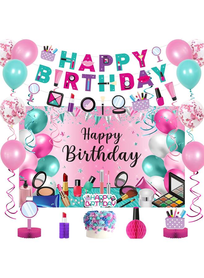 Bluejw Roetyce Makeup Birthday Party Decorations, 46PCS Makeup Happy Birthday Banner Balloons Hanging Swirl Honeycomb Cake Topper Kit, Spa Themed Birthday Decorations for Girls, Pink Birthday Party Supplies - Image 1