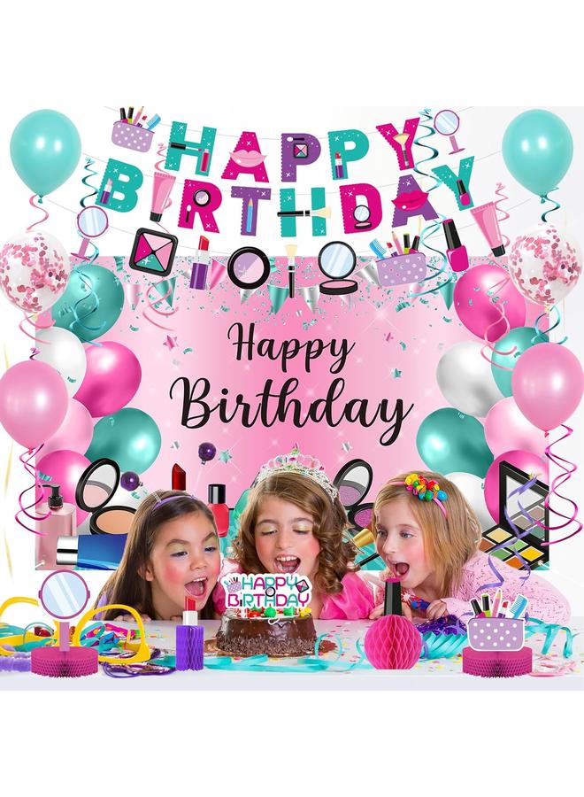 Bluejw Roetyce Makeup Birthday Party Decorations, 46PCS Makeup Happy Birthday Banner Balloons Hanging Swirl Honeycomb Cake Topper Kit, Spa Themed Birthday Decorations for Girls, Pink Birthday Party Supplies - Image 3