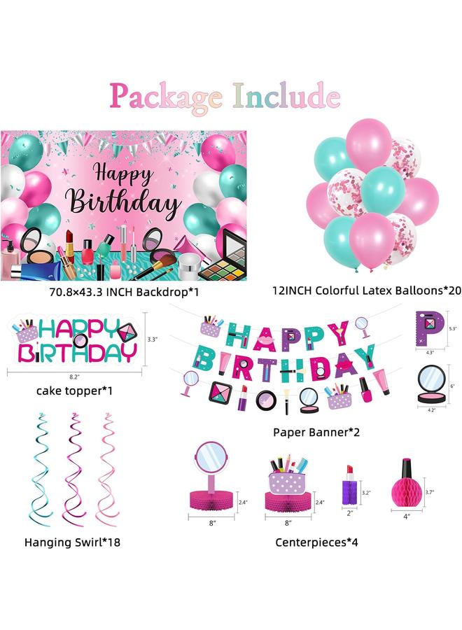 Bluejw Roetyce Makeup Birthday Party Decorations, 46PCS Makeup Happy Birthday Banner Balloons Hanging Swirl Honeycomb Cake Topper Kit, Spa Themed Birthday Decorations for Girls, Pink Birthday Party Supplies - Image 2
