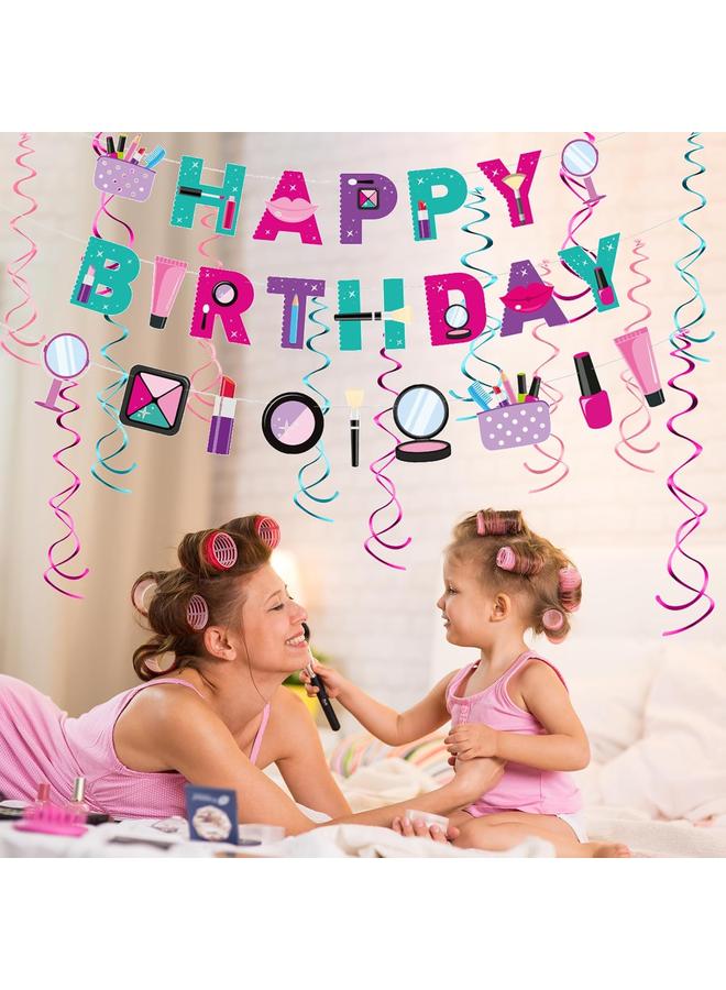 Bluejw Roetyce Makeup Birthday Party Decorations, 46PCS Makeup Happy Birthday Banner Balloons Hanging Swirl Honeycomb Cake Topper Kit, Spa Themed Birthday Decorations for Girls, Pink Birthday Party Supplies - Image 4