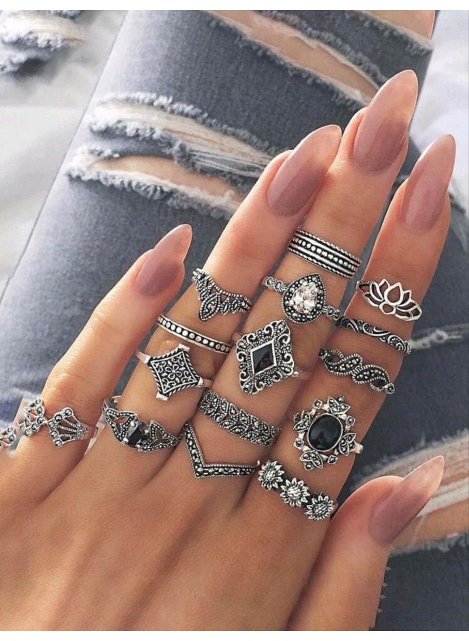 15pcs/set Random Vintage Zinc Alloy Flower & Rhinestone Decor Ring