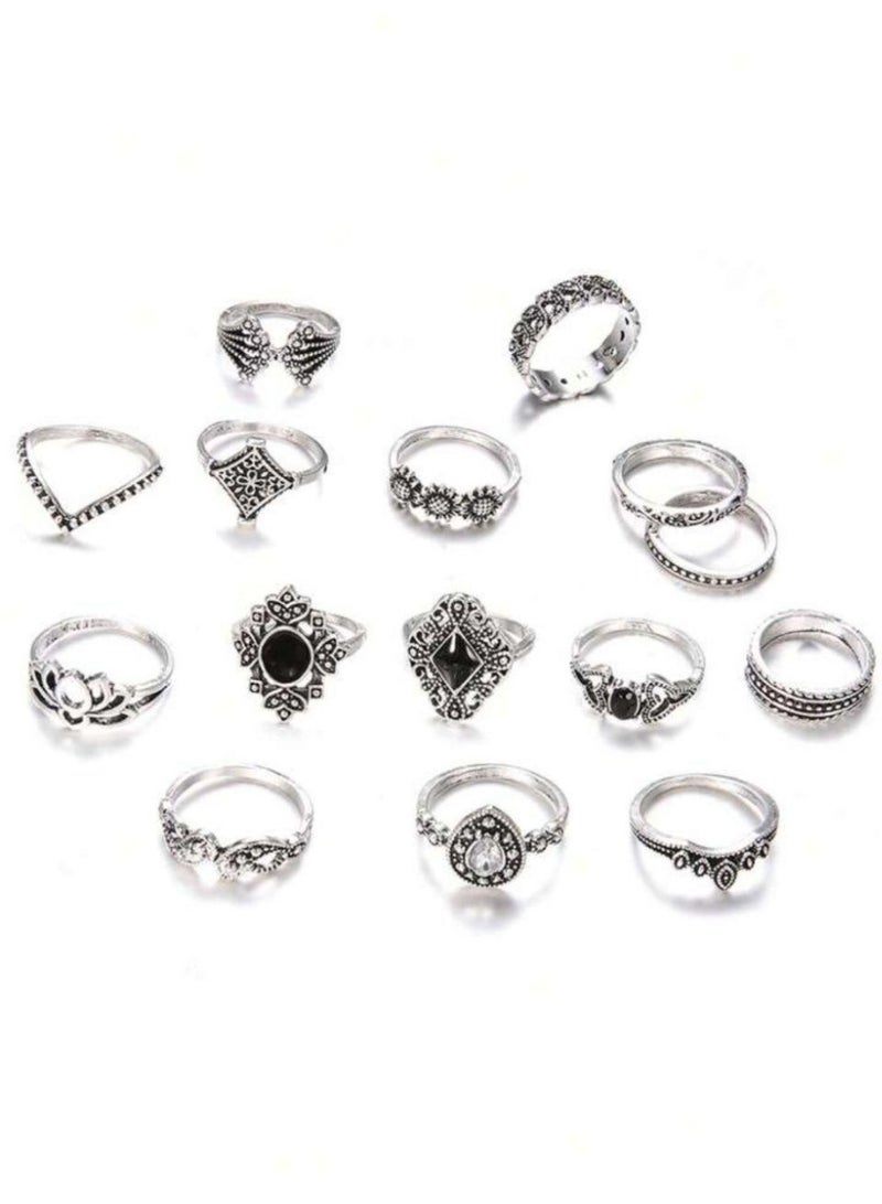 شي إن 15pcs/set Random Vintage Zinc Alloy Flower & Rhinestone Decor Ring - Image 4