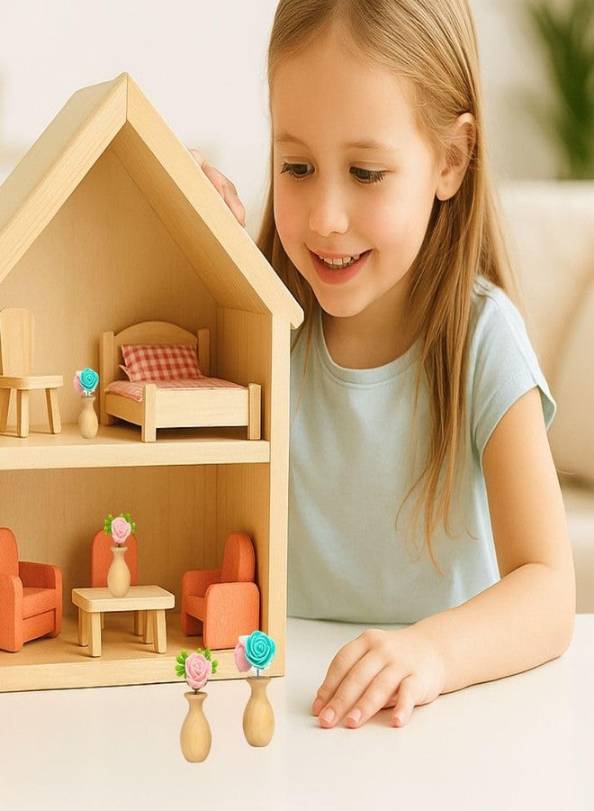 Mintoli Miniature Wooden Flower Pot for Dollhouse | Natural Wood Flower Vase with Artificial Rose | Kids Pretend Play Toy & Home Decor (10) - Image 3