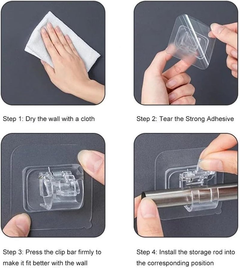 مشابك قضيب الستارة الشفافة ذاتية اللصق، خطاطيف حائط قابلة للتعديل، قطعتان - Image 5