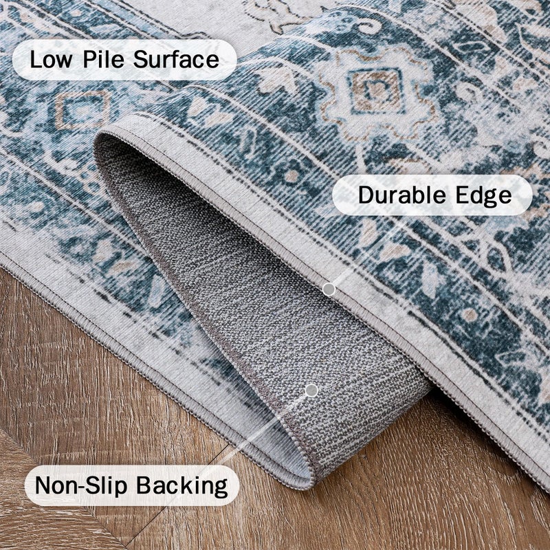 GENIMO 3x5 Area Rugs for Living Room, Machine Washable Rug, Non Slip Vintage Rugs, Low Pile Lightweight Chenille Print Rug for Bedroom, Dining Room, Home Office, Blue - Image 5