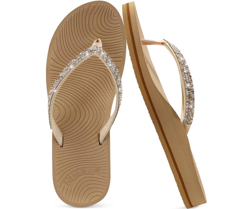 KuaiLu Women's Rhinestone Flip Flops with Comfort Arch Support Yoga Mat Cushion Sandals Fashion Summer Beach Travel Walking Thong Orthopedic Sandles Slip on Plantar Fasciitis Beige 8.5 - Image 1