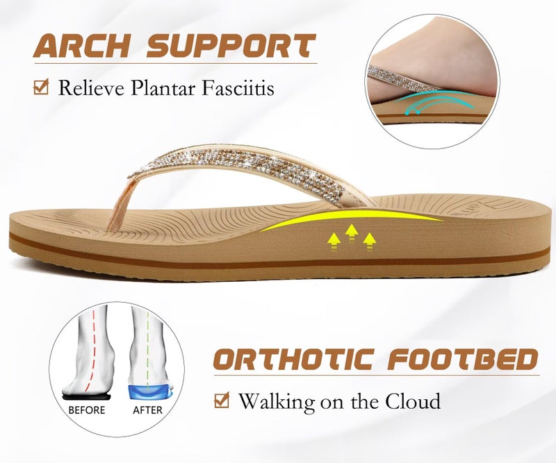 KuaiLu Women's Rhinestone Flip Flops with Comfort Arch Support Yoga Mat Cushion Sandals Fashion Summer Beach Travel Walking Thong Orthopedic Sandles Slip on Plantar Fasciitis Beige 8.5 - Image 3