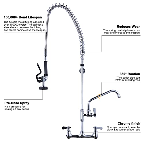 iVIGA 43" Height Commercial Kitchen Sink Faucet with Pre-Rinse Sprayer, 8 Inch Wall Mount Center Sink Faucet with Pull Down Spray Unit, Compartment Sink Faucet with 10" Swivel Spout for Restaurant - Image 4