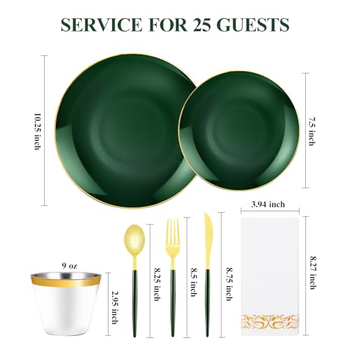 Bestluck 175 Pieces Green Gold Plastic Dinnerware Set, Gold Disposable Plates for Party, Include 50 Green Plates with 75 Plastic Cutlery, 25 Napkins and 25 Cups - Image 2