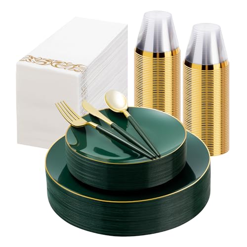 Bestluck 175 Pieces Green Gold Plastic Dinnerware Set, Gold Disposable Plates for Party, Include 50 Green Plates with 75 Plastic Cutlery, 25 Napkins and 25 Cups - Image 1