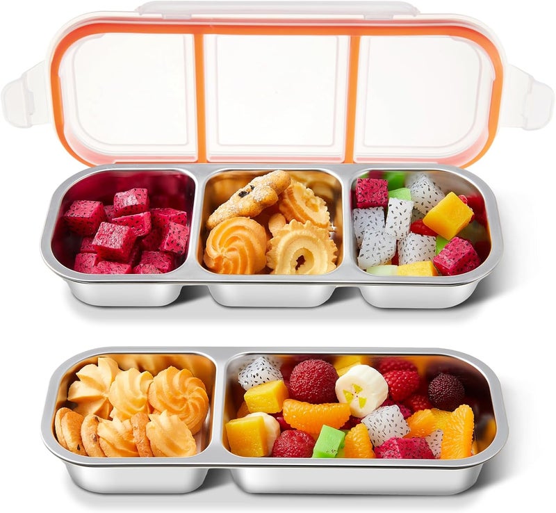 Blushtier 2 Pcs 3 Compartment Stainless Steel Snack Containers, Reusable Condiment Box with Lids, Three Compartment Sauce Cups, Divided Food Storage Containers for School Home Travel - Image 1