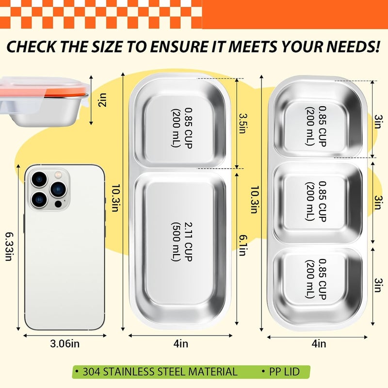 Blushtier 2 Pcs 3 Compartment Stainless Steel Snack Containers, Reusable Condiment Box with Lids, Three Compartment Sauce Cups, Divided Food Storage Containers for School Home Travel - Image 2