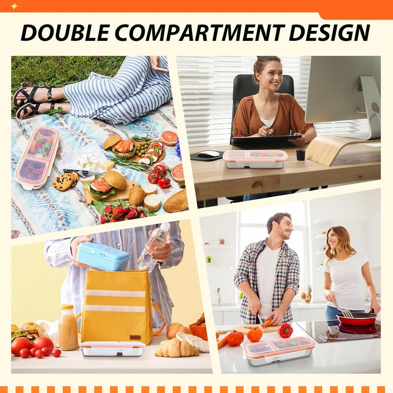 Blushtier 2 Pcs 3 Compartment Stainless Steel Snack Containers, Reusable Condiment Box with Lids, Three Compartment Sauce Cups, Divided Food Storage Containers for School Home Travel - Image 5