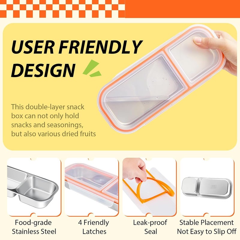 Blushtier 2 Pcs 3 Compartment Stainless Steel Snack Containers, Reusable Condiment Box with Lids, Three Compartment Sauce Cups, Divided Food Storage Containers for School Home Travel - Image 4