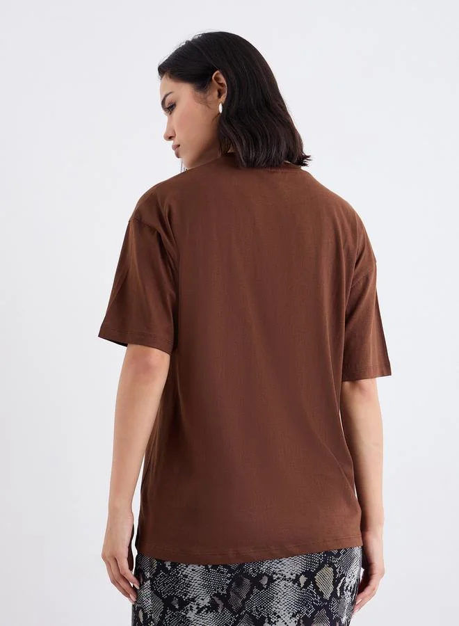 Styli Styli Embroidered Slogan Short Sleeves Oversized T-Shirt