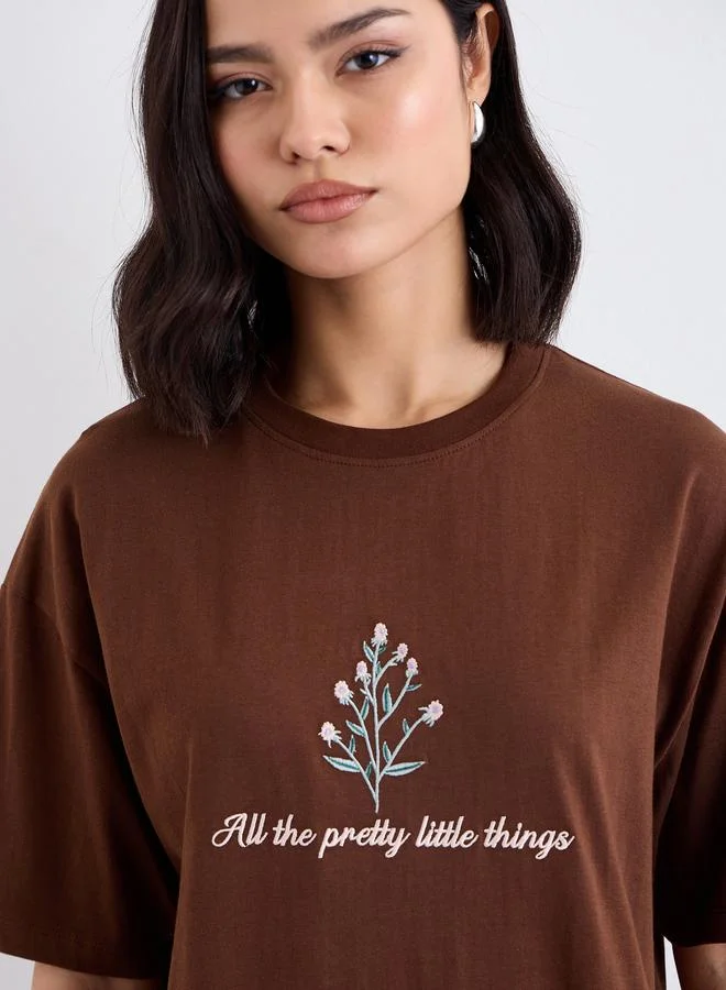 Styli Styli Embroidered Slogan Short Sleeves Oversized T-Shirt