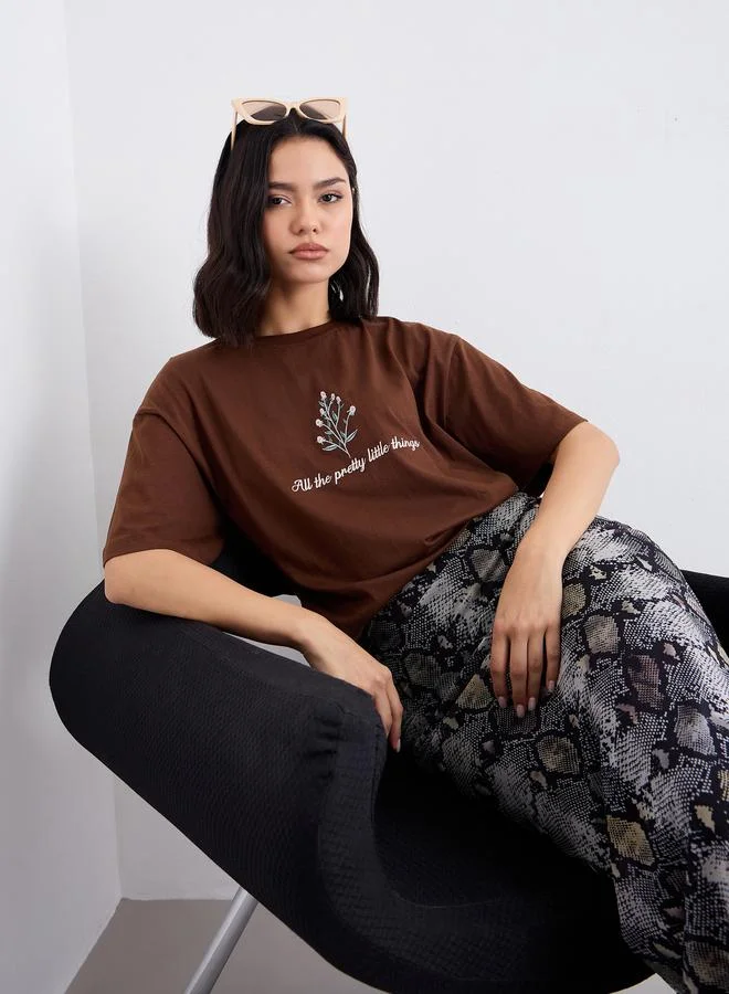 Styli Styli Embroidered Slogan Short Sleeves Oversized T-Shirt