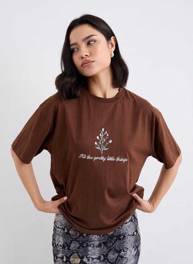 Styli Embroidered Slogan Short Sleeves Oversized T-Shirt - Image 1