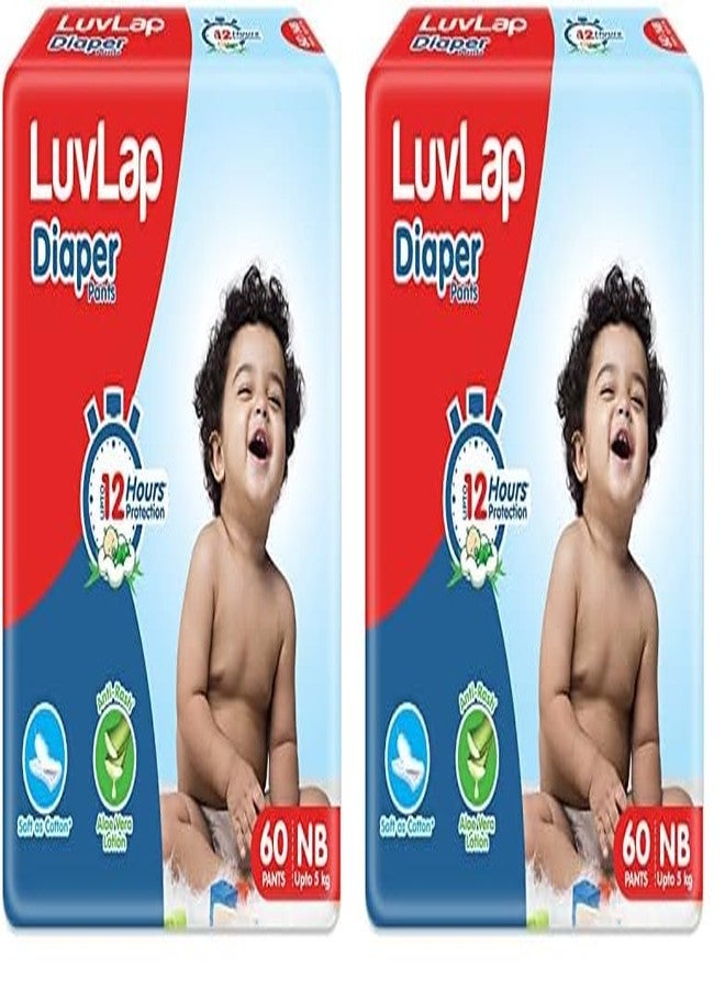 LuvLap Pant Style Baby Diapers, Newborn/X-Small (NB/XS), 60 Count, for Babies of Upto 5Kg with Aloe Vera Lotion for Rash Protection, with Upto 12hr Protection, Diapers (Pack of 2)
