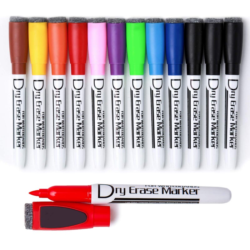 Volcanics Magnetic Dry Wipe Pens Dry Erase Markers With Eraser Cap Low Odor Fine Tip Whiteboard Pens Pack of 12,10 Colors - Image 1