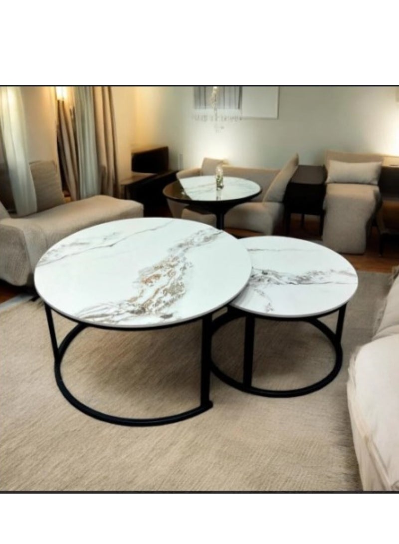 Living Set of 2 Pieces, Marble Round Coffee Table with Metal Frame For Living Room L.80*45, S,60*38 CM  - Image 3