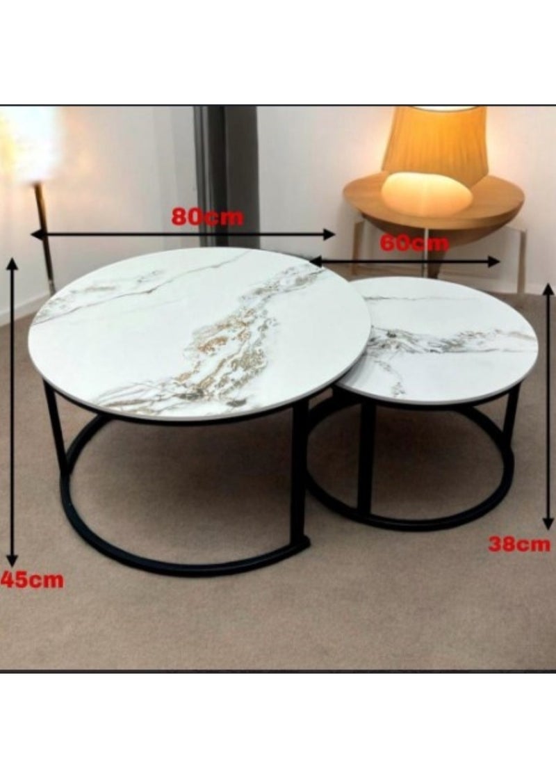 Living Set of 2 Pieces, Marble Round Coffee Table with Metal Frame For Living Room L.80*45, S,60*38 CM  - Image 2