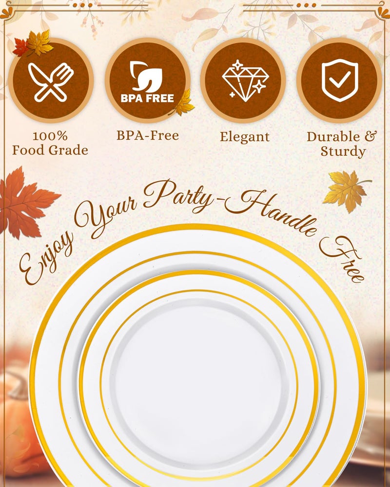 bUCLA 150PCS Gold Plastic Dinnerware Set Disposable - Heavy Duty Gold Plates Include 25 Dinner & 25 Dessert Plates,25 Forks,25 Knives,25 Spoons&25 Cups for Party&Thanksgiving Table Decor - Image 4