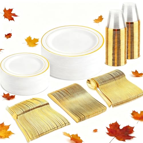bUCLA 150PCS Gold Plastic Dinnerware Set Disposable - Heavy Duty Gold Plates Include 25 Dinner & 25 Dessert Plates,25 Forks,25 Knives,25 Spoons&25 Cups for Party&Thanksgiving Table Decor - Image 1