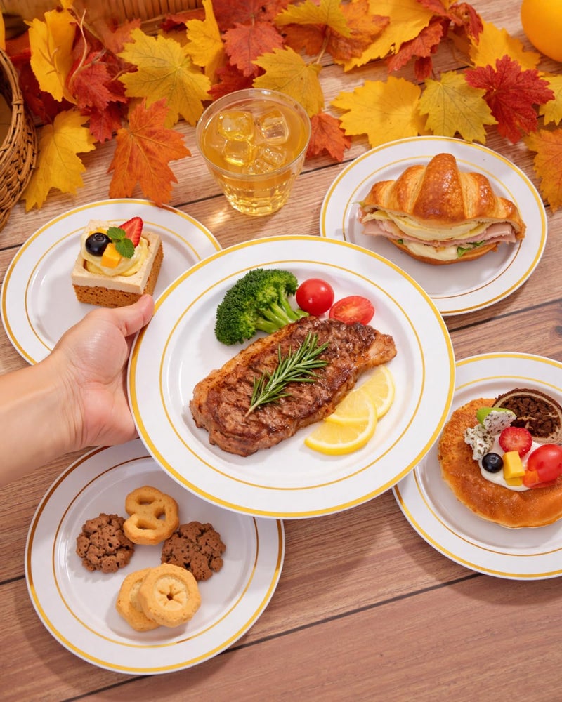 bUCLA 150PCS Gold Plastic Dinnerware Set Disposable - Heavy Duty Gold Plates Include 25 Dinner & 25 Dessert Plates,25 Forks,25 Knives,25 Spoons&25 Cups for Party&Thanksgiving Table Decor - Image 5
