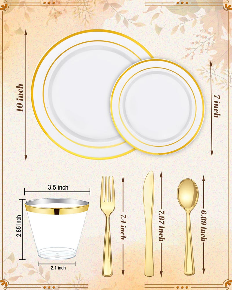 bUCLA 150PCS Gold Plastic Dinnerware Set Disposable - Heavy Duty Gold Plates Include 25 Dinner & 25 Dessert Plates,25 Forks,25 Knives,25 Spoons&25 Cups for Party&Thanksgiving Table Decor - Image 2