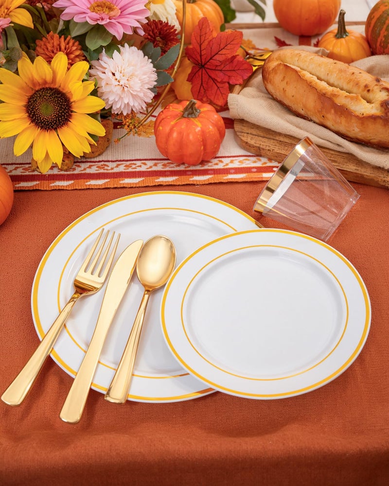 bUCLA 150PCS Gold Plastic Dinnerware Set Disposable - Heavy Duty Gold Plates Include 25 Dinner & 25 Dessert Plates,25 Forks,25 Knives,25 Spoons&25 Cups for Party&Thanksgiving Table Decor - Image 3