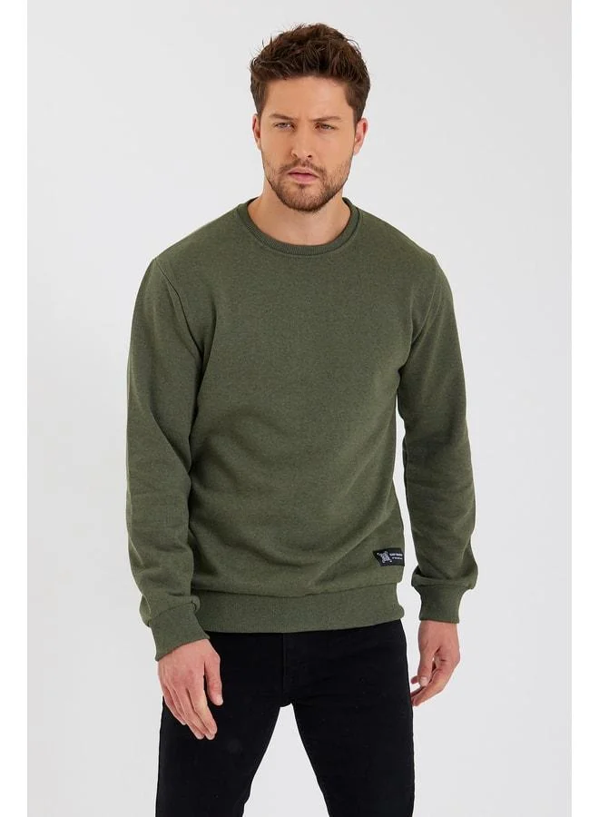Khaki Cotton-Lined Men’s Sweatshirt with Crew Neck and Label Detail