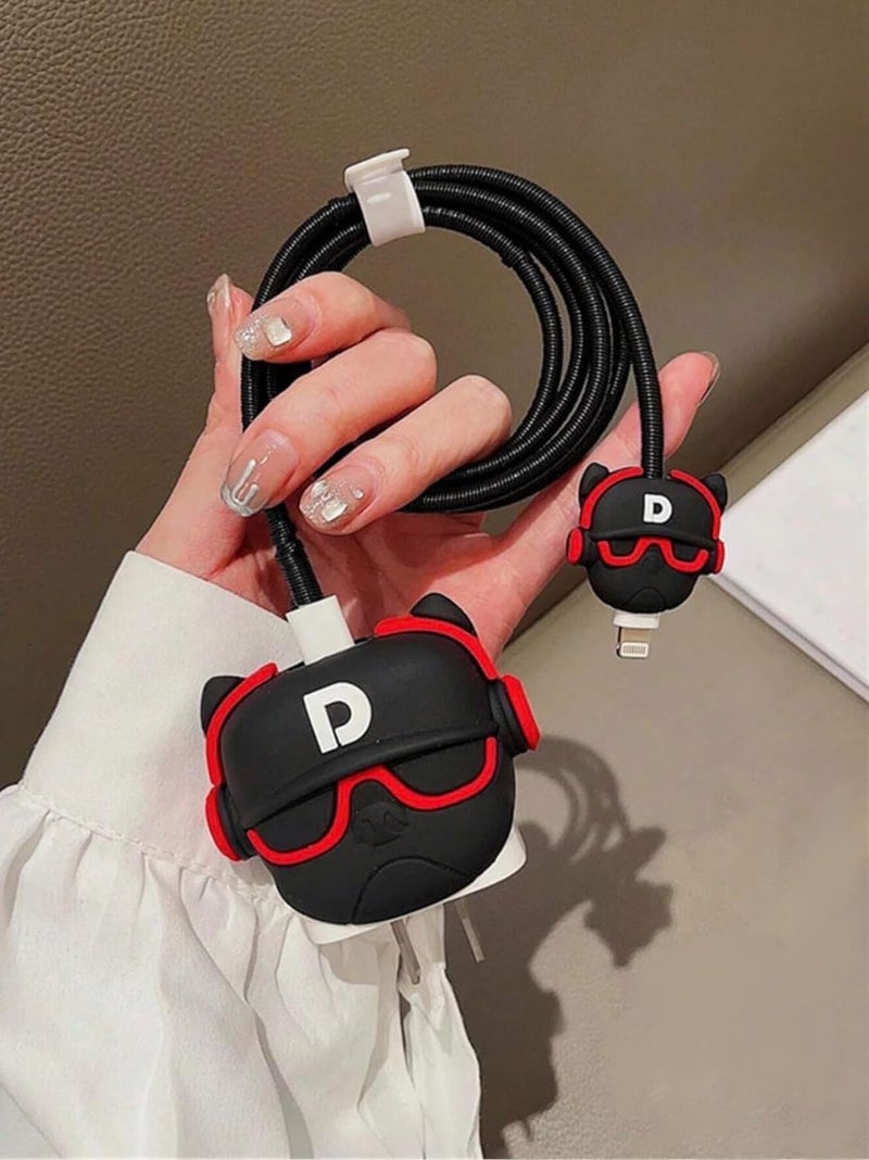 CERLINK Charger Cable Protectors for iPhone Chargers 18W 20W Type C, 3D Cute Protective Case Cover Cartoon Style Fully Charger & Adaptor Protection Set-1 (Black Dog) - Image 1