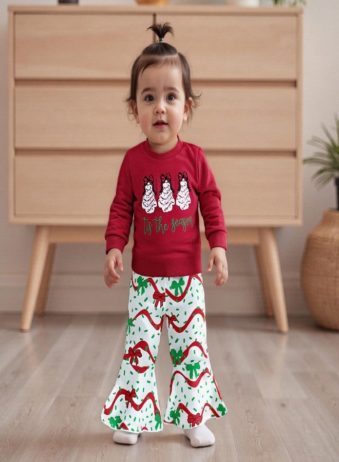 Mieeyali Toddler Baby Girl Christmas Outfit Set Santa Tree Sweatshirt Top Shirt Bell Bottoms Pants Set Xmas Clothes (Red CA, 12-18 Months) - Image 2