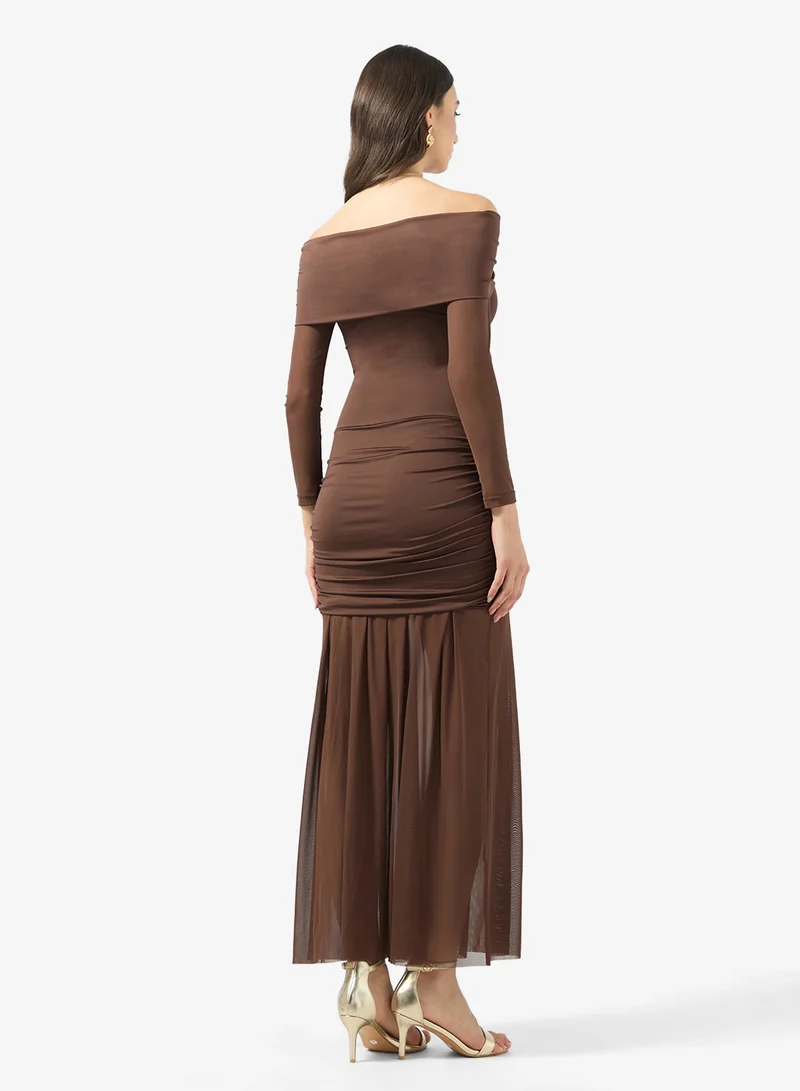 جينجر Off Shoulder Drop Waist Dress with Mesh Insert