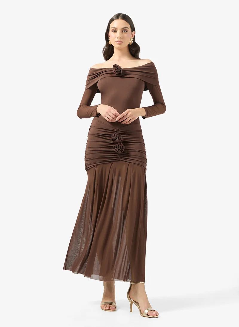 جينجر Off Shoulder Drop Waist Dress with Mesh Insert