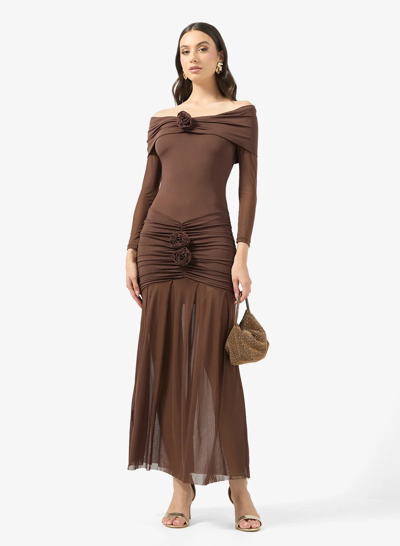 Ginger Off Shoulder Drop Waist Dress with Mesh Insert