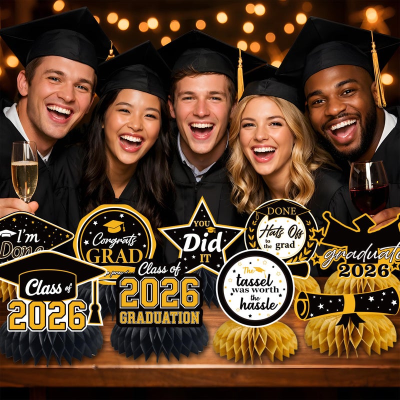 OHOME Graduation Decorations 2026 - Black Gold Graduation Honeycomb for Table Centerpiece | Graduation Party Decorations Class of 2026,Table Toppers for Graduation Party Favors Supplies Indoor Outdoor - Image 5