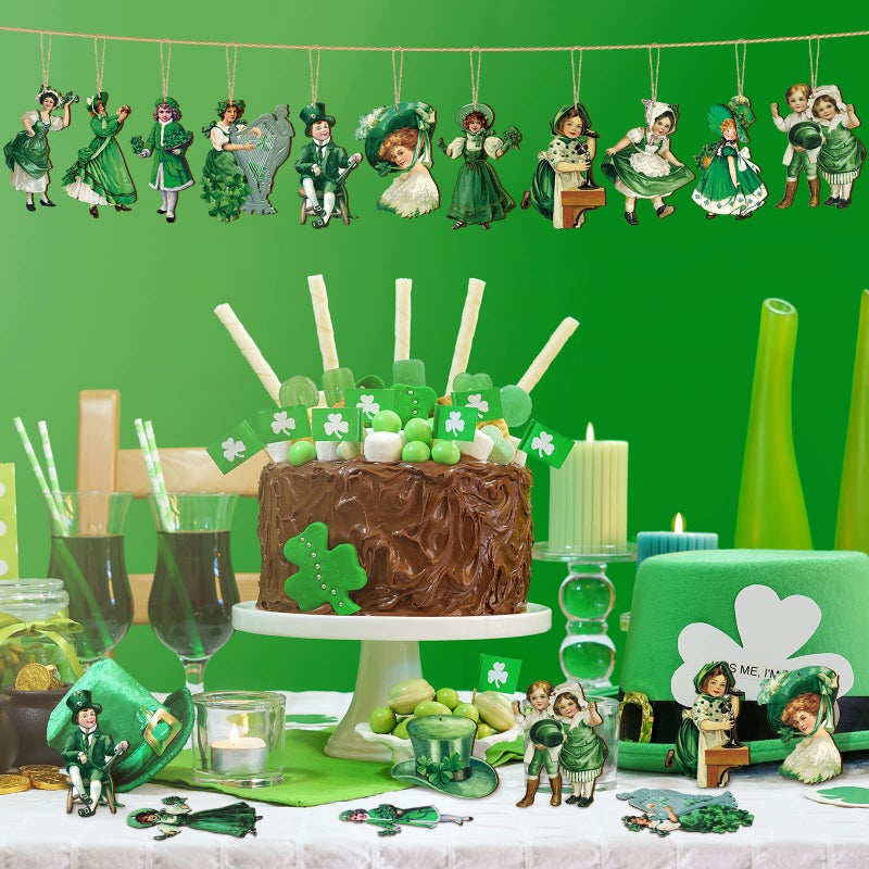 Glenmal 24 Pieces Vintage St. Patrick's Day Decorations for Tree Shamrocks St Patrick Day Ornaments Wooden Irish Gnome Hanging Ornaments with Ropes for Small Tree Party Supplies - Image 4