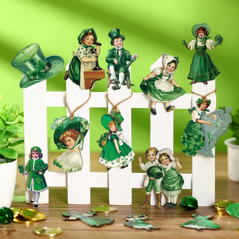 Glenmal 24 Pieces Vintage St. Patrick's Day Decorations for Tree Shamrocks St Patrick Day Ornaments Wooden Irish Gnome Hanging Ornaments with Ropes for Small Tree Party Supplies - Image 2
