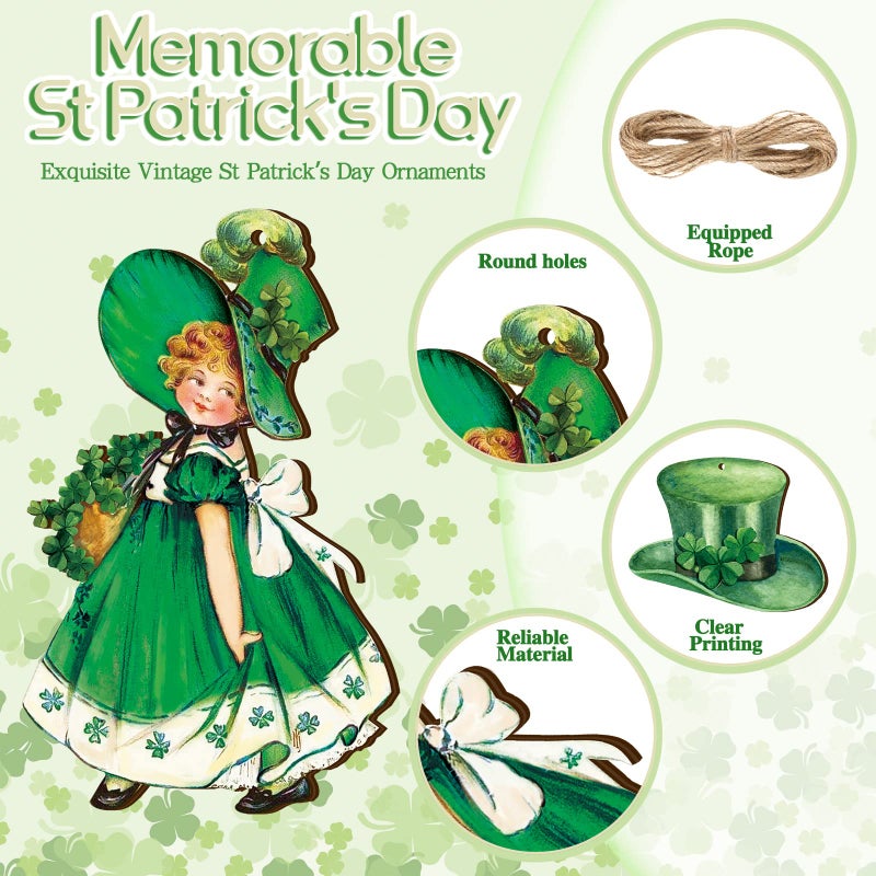 Glenmal 24 Pieces Vintage St. Patrick's Day Decorations for Tree Shamrocks St Patrick Day Ornaments Wooden Irish Gnome Hanging Ornaments with Ropes for Small Tree Party Supplies - Image 5
