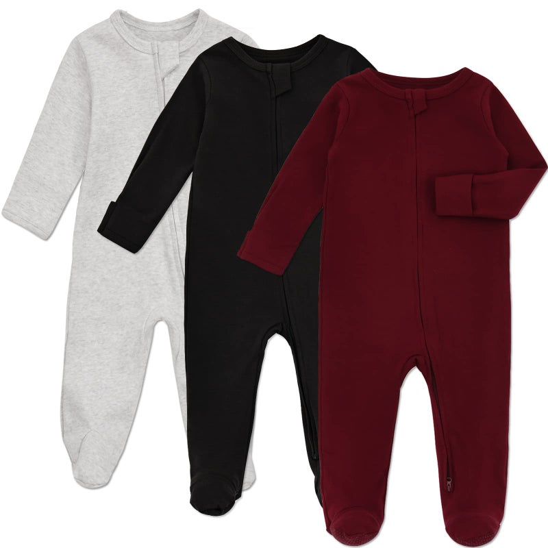 Aablexema Baby Footie Pajama with Mitten Cuffs, Double Zipper Infant Cotton clothes Sleeper Pjs, Footed Sleep Play(Grey&Black&Wine Red,12-18Months) - Image 1